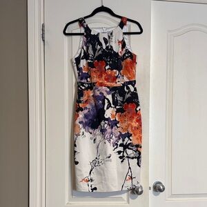 Tahari floral Midi Sheath Dress in White with Orange and Purple